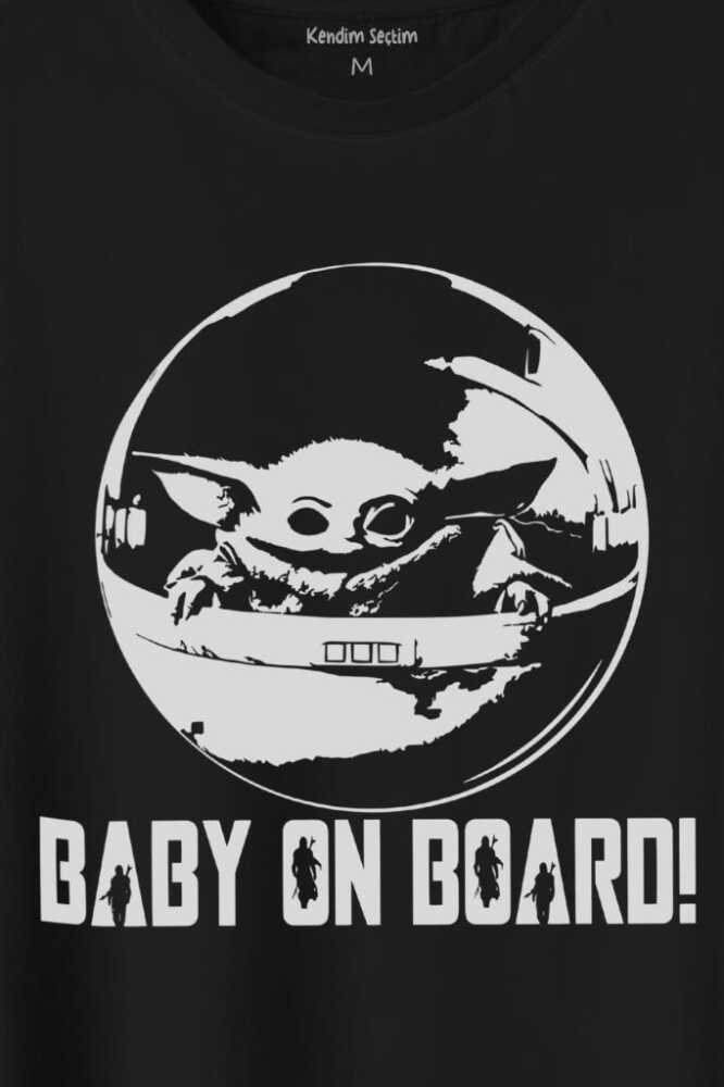 Baby On Board Yoda Star Wars Bebek Mandalorian Jedi Baskılı Siyah Tişört Unisex (1)