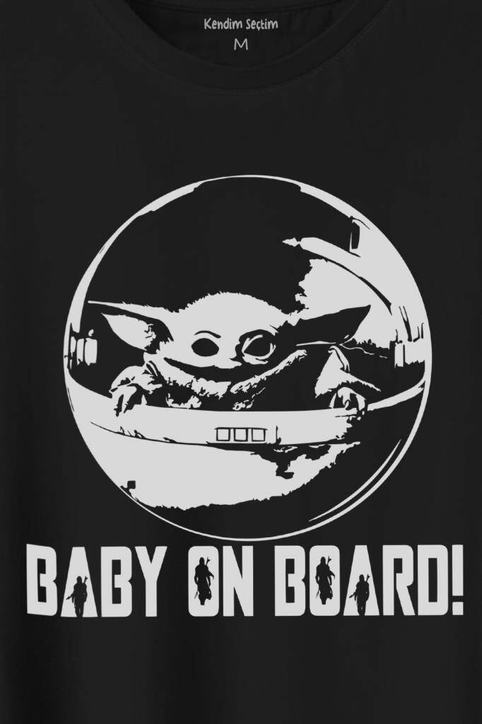 Baby On Board Yoda Star Wars Bebek Mandalorian Jedi Baskılı Siyah Tişört Unisex (1)