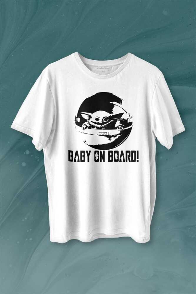 Baby on Board Yoda Star Wars Bebek Mandalorian Jedi Baskılı Beyaz Tişört Unisex