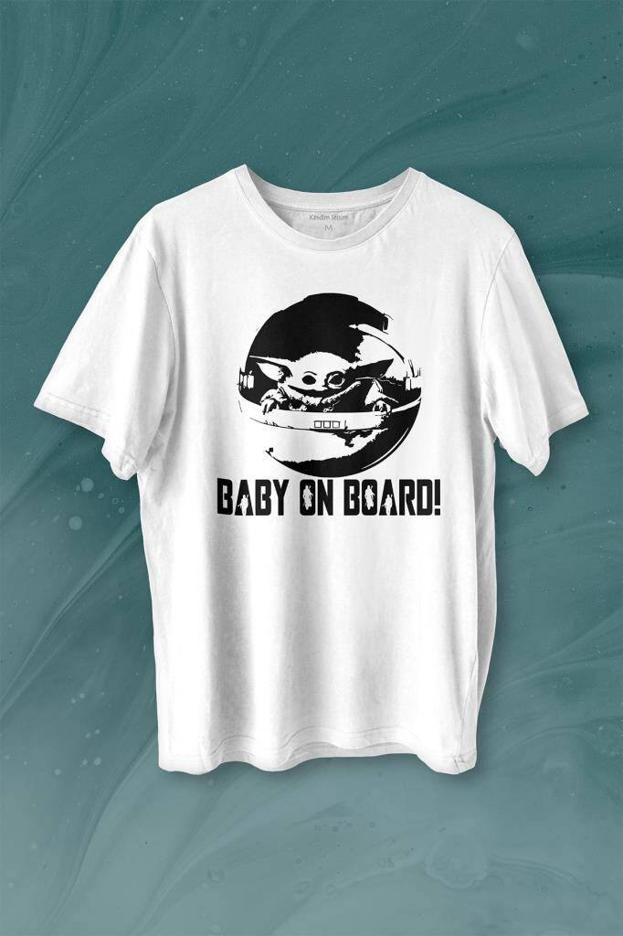 Baby on Board Yoda Star Wars Bebek Mandalorian Jedi Baskılı Beyaz Tişört Unisex
