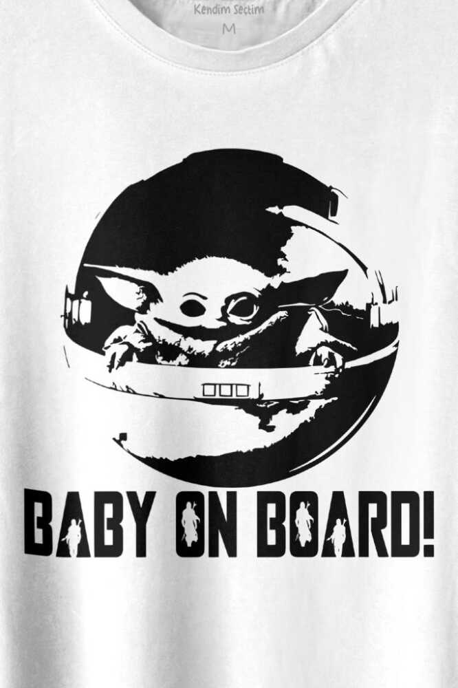 Baby on Board Yoda Star Wars Bebek Mandalorian Jedi Baskılı Beyaz Tişört Unisex (1)