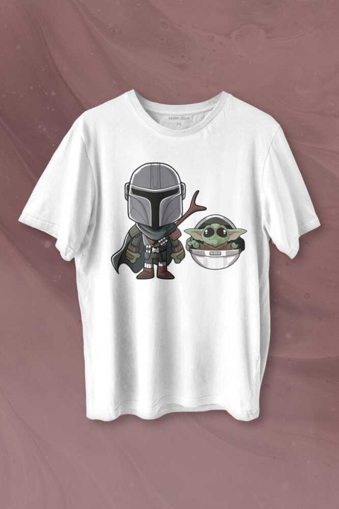 Baby Yoda Mando Figür The Mandalorian Bebek Yoda Star Wars Baskılı Beyaz Tişört Unisex