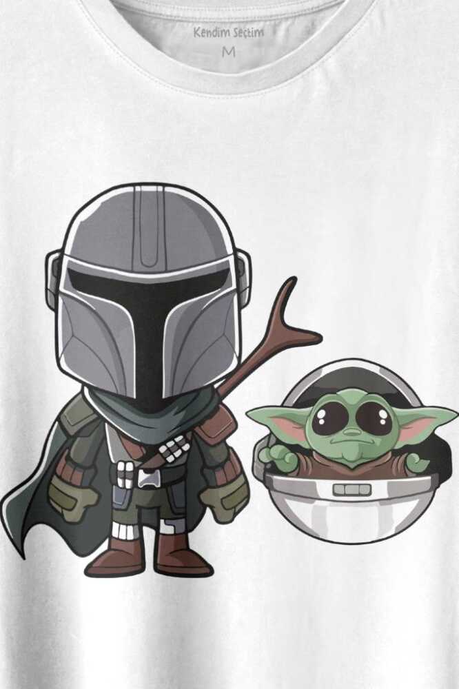 Baby Yoda Mando Figür The Mandalorian Bebek Yoda Star Wars Baskılı Beyaz Tişört Unisex (1)