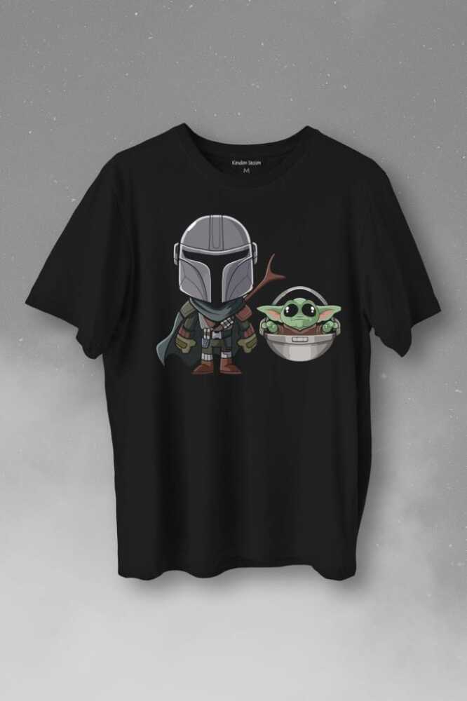 Baby Yoda Mando Figür The Mandalorian Bebek Yoda Star Wars Baskılı Siyah Tişört Unisex