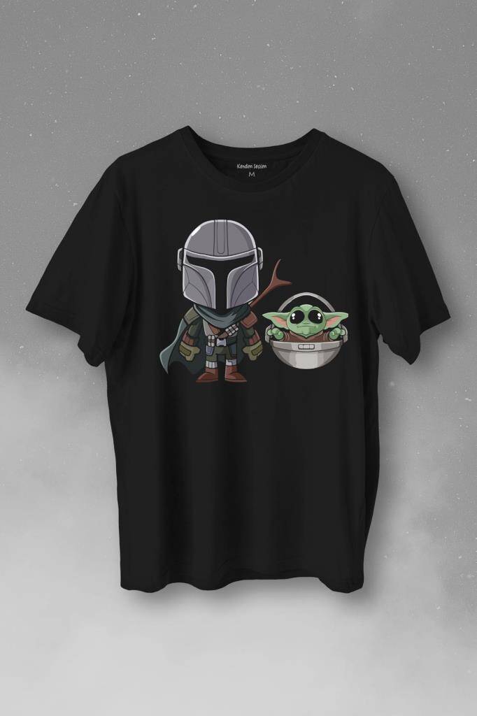 Baby Yoda Mando Figür The Mandalorian Bebek Yoda Star Wars Baskılı Siyah Tişört Unisex