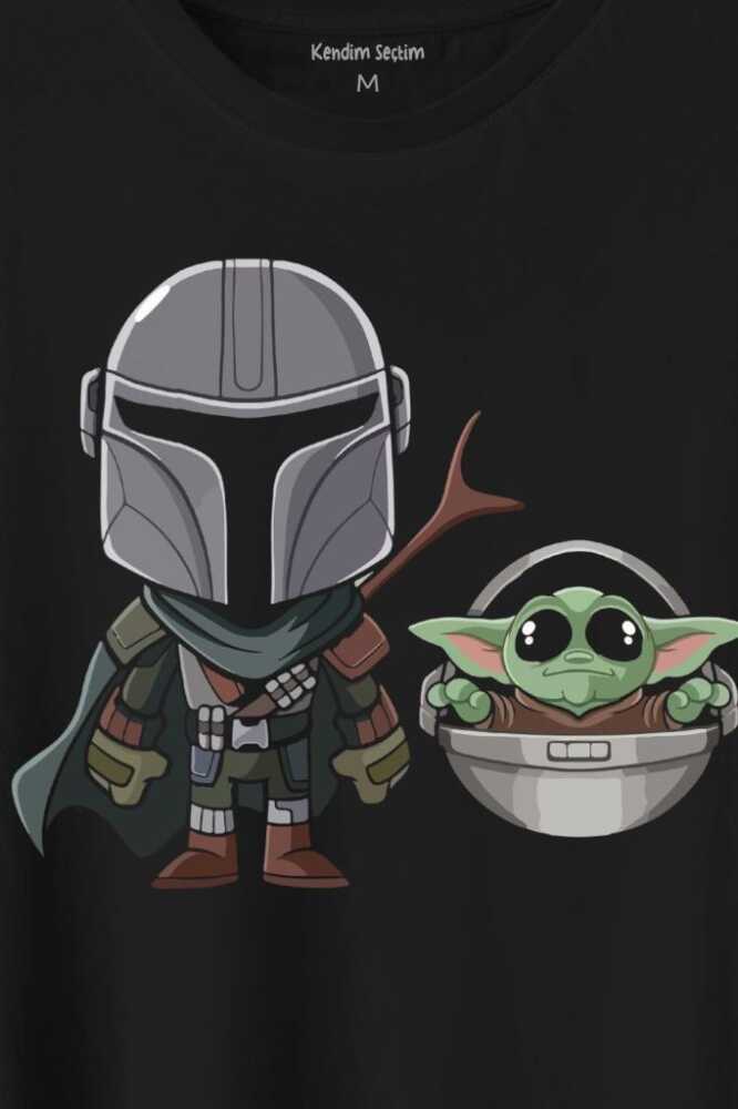 Baby Yoda Mando Figür The Mandalorian Bebek Yoda Star Wars Baskılı Siyah Tişört Unisex (1)