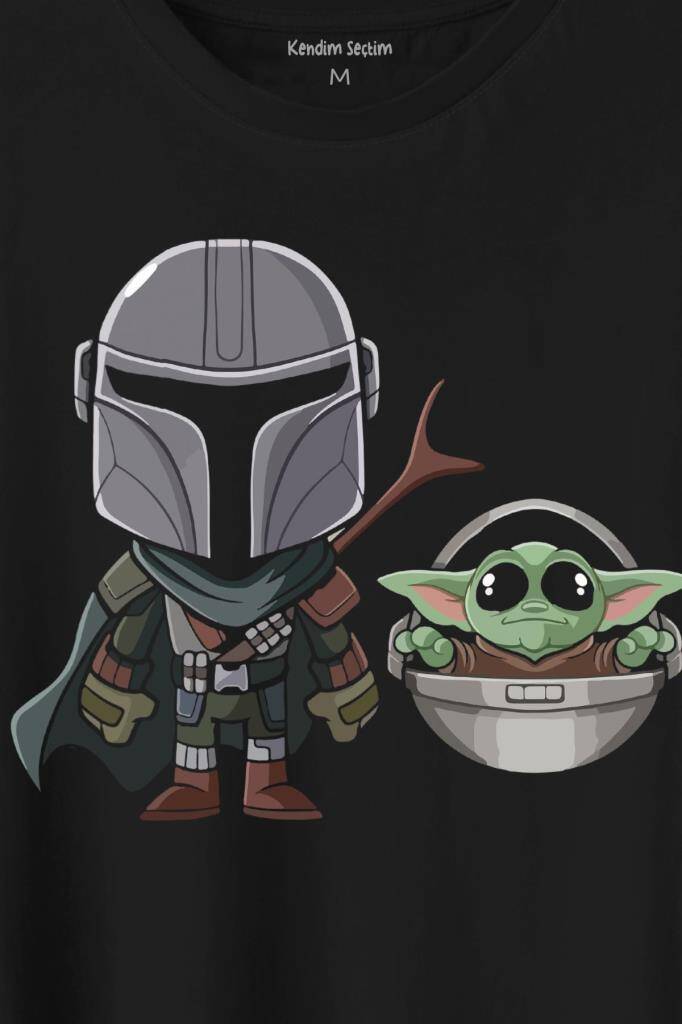Baby Yoda Mando Figür The Mandalorian Bebek Yoda Star Wars Baskılı Siyah Tişört Unisex (1)