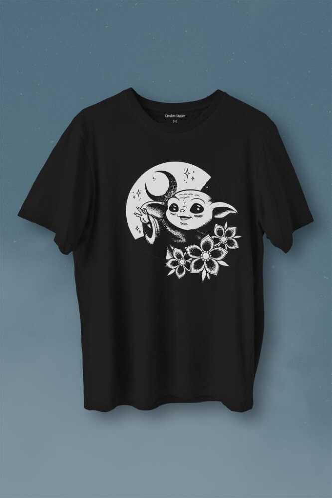Baby Yoda Star Wars Mandalorian Ay Hilal Silueti Baskılı Siyah Tişört Unisex