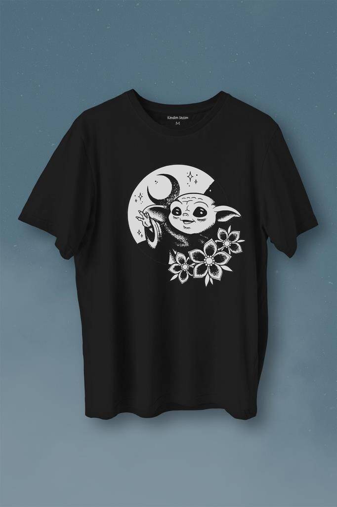 Baby Yoda Star Wars Mandalorian Ay Hilal Silueti Baskılı Siyah Tişört Unisex