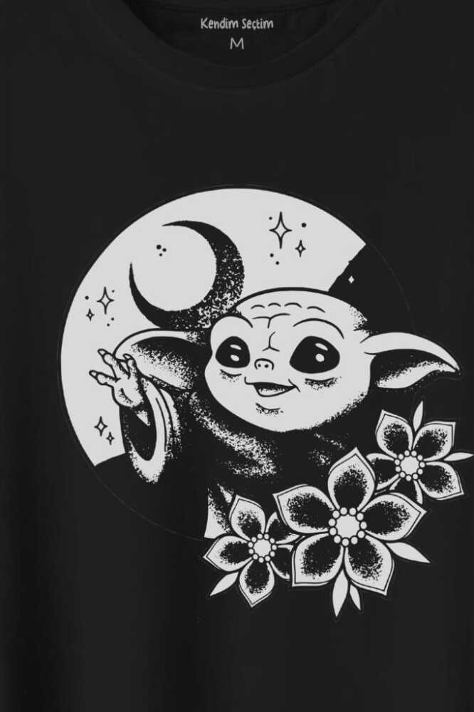 Baby Yoda Star Wars Mandalorian Ay Hilal Silueti Baskılı Siyah Tişört Unisex (1)