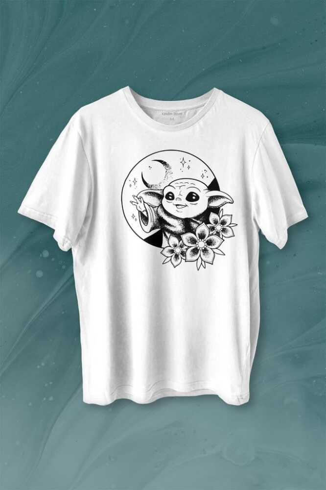 Baby Yoda Star Wars Mandalorian Ay Hilal Silueti Baskılı Beyaz Tişört Unisex