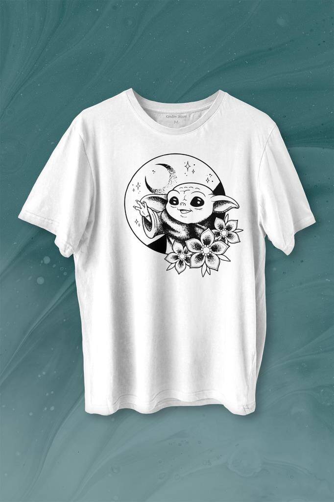 Baby Yoda Star Wars Mandalorian Ay Hilal Silueti Baskılı Beyaz Tişört Unisex