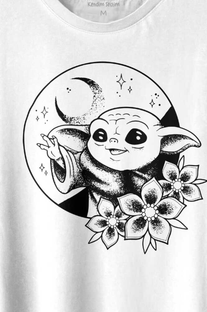 Baby Yoda Star Wars Mandalorian Ay Hilal Silueti Baskılı Beyaz Tişört Unisex (1)