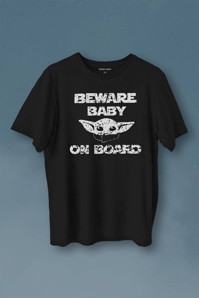 Baby Yoda Star Wars Mandalorian Beware Baby On Board Baskılı Siyah Tişört Unisex