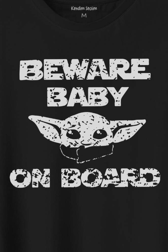 Baby Yoda Star Wars Mandalorian Beware Baby On Board Baskılı Siyah Tişört Unisex (1)