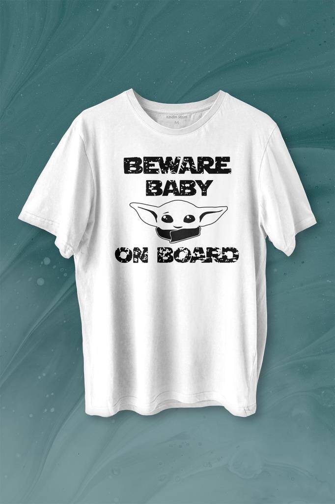 Baby Yoda Star Wars Mandalorian Beware Baby On Board Baskılı Beyaz Tişört Unisex