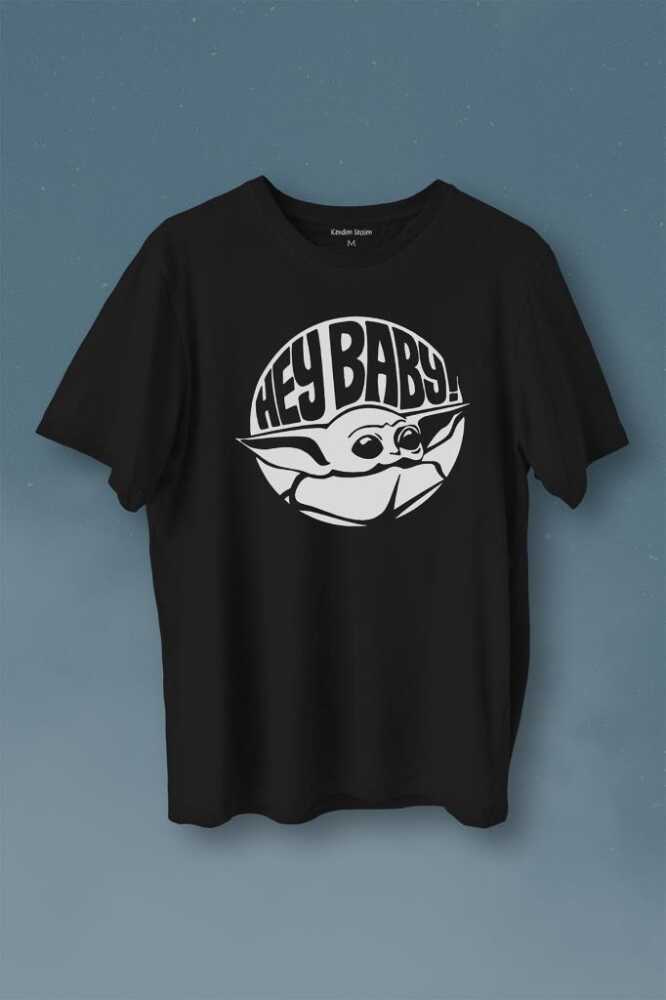 Baby Yoda Star Wars Mandalorian Jedi Baskılı Siyah Tişört Unisex