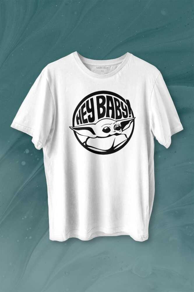 Baby Yoda Star Wars Mandalorian Jedi Baskılı Beyaz Tişört Unisex
