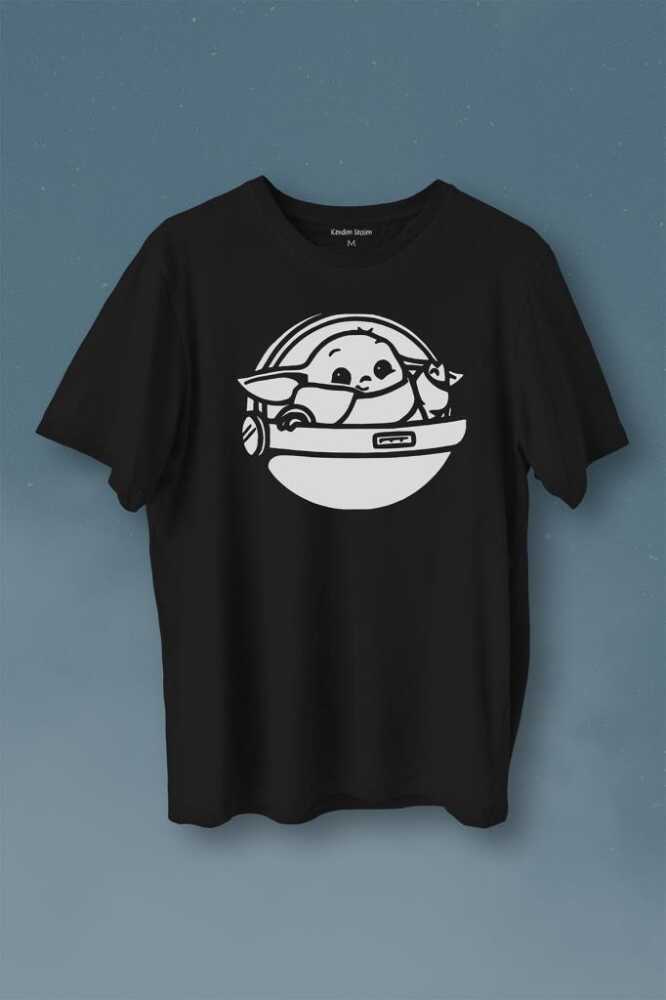 Baby Yoda Star Wars Mandalorian Uzay Mekiği Baskılı Siyah Tişört Unisex