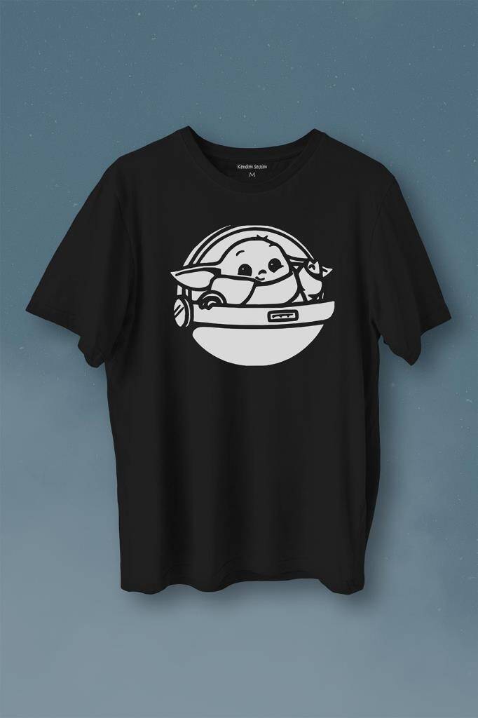 Baby Yoda Star Wars Mandalorian Uzay Mekiği Baskılı Siyah Tişört Unisex