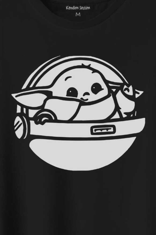 Baby Yoda Star Wars Mandalorian Uzay Mekiği Baskılı Siyah Tişört Unisex (1)
