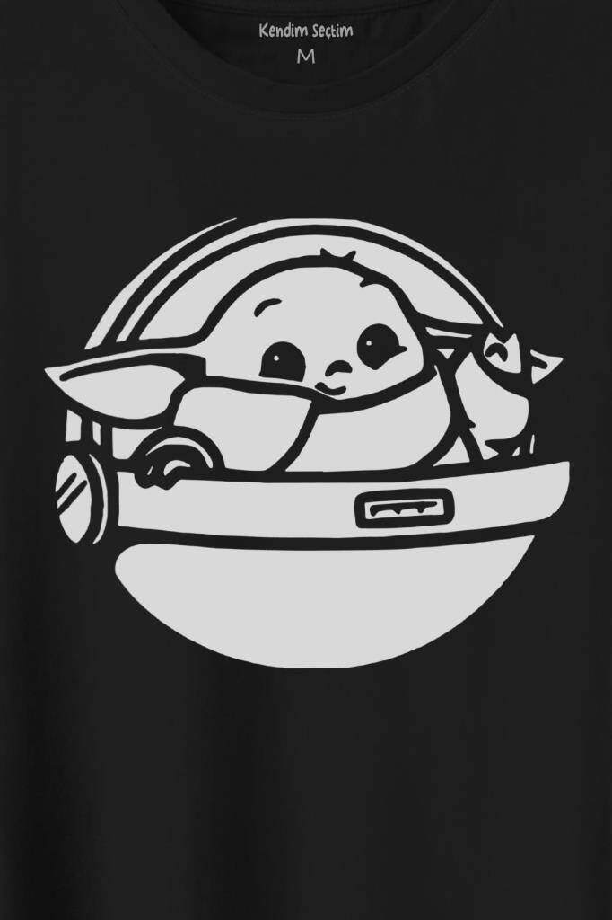 Baby Yoda Star Wars Mandalorian Uzay Mekiği Baskılı Siyah Tişört Unisex (1)