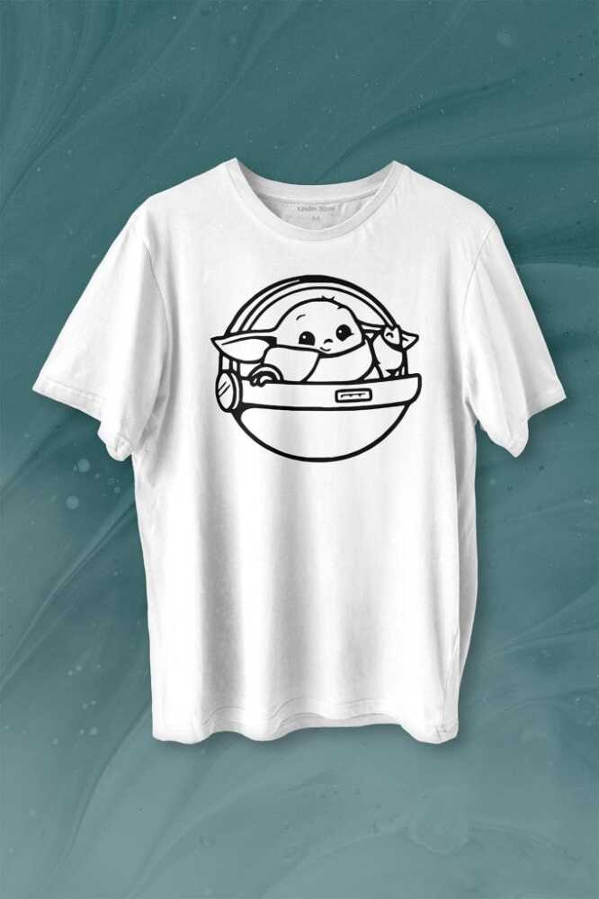 Baby Yoda Star Wars Mandalorian Uzay Mekiği Baskılı Beyaz Tişört Unisex