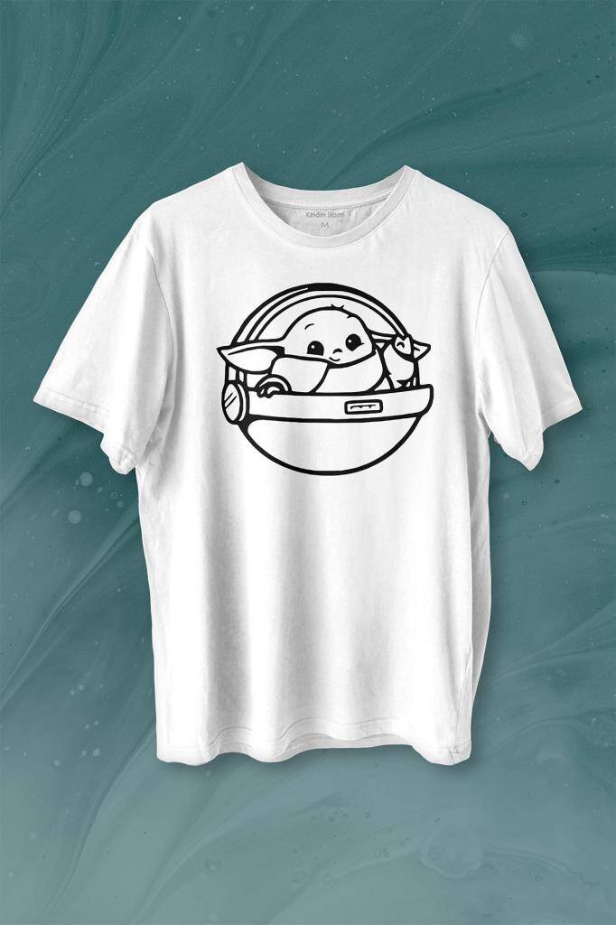 Baby Yoda Star Wars Mandalorian Uzay Mekiği Baskılı Beyaz Tişört Unisex