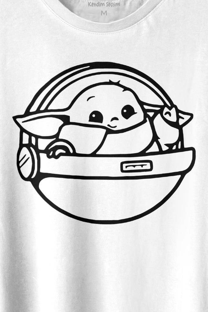Baby Yoda Star Wars Mandalorian Uzay Mekiği Baskılı Beyaz Tişört Unisex (1)