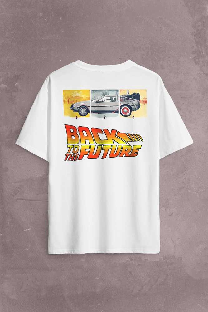 Back To The Future Geleceğe Dönüş Sırt Ön Baskılı Beyaz Oversize Tişört Unisex (1)