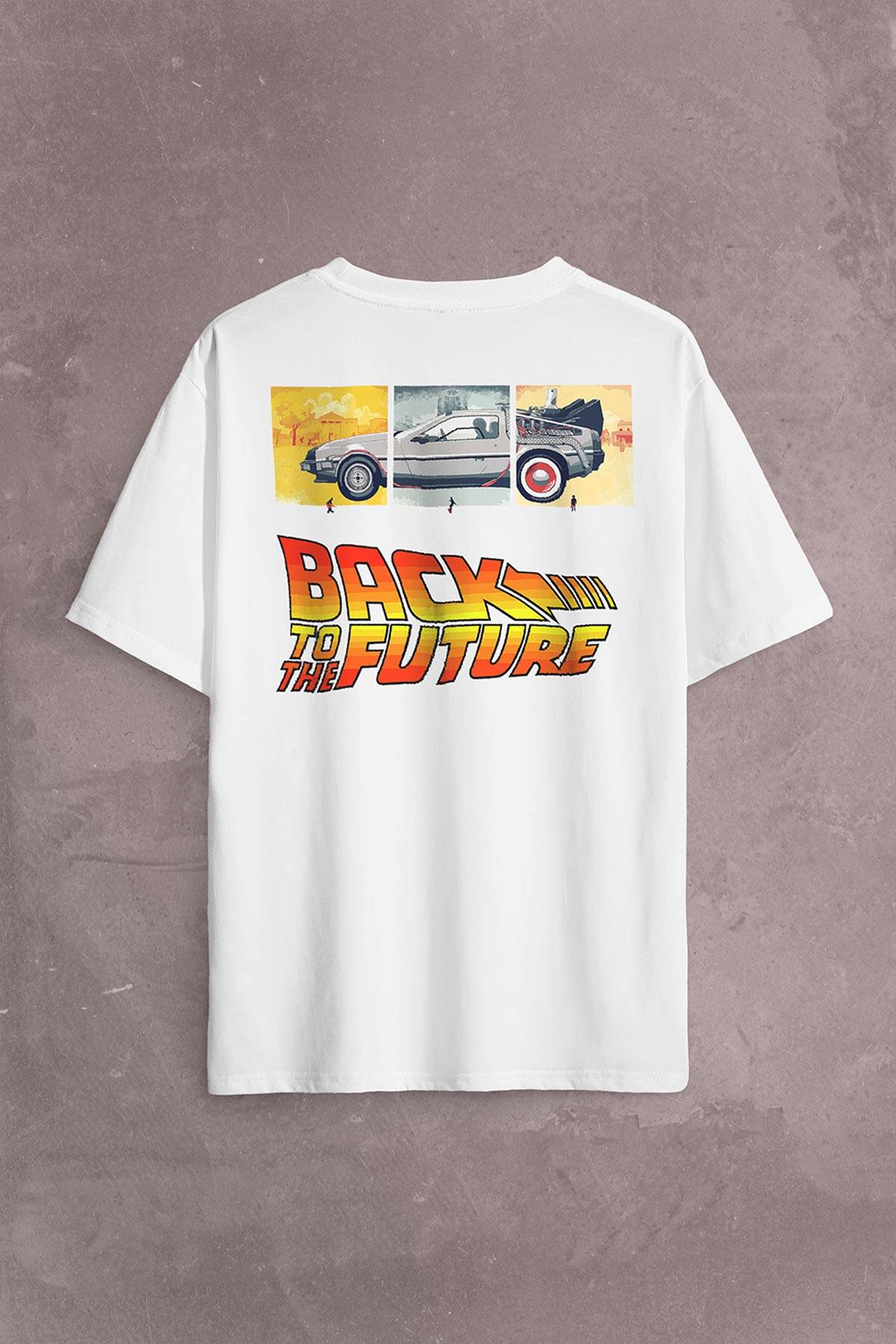 Back To The Future Geleceğe Dönüş Sırt Ön Baskılı Beyaz Oversize Tişört Unisex (1)