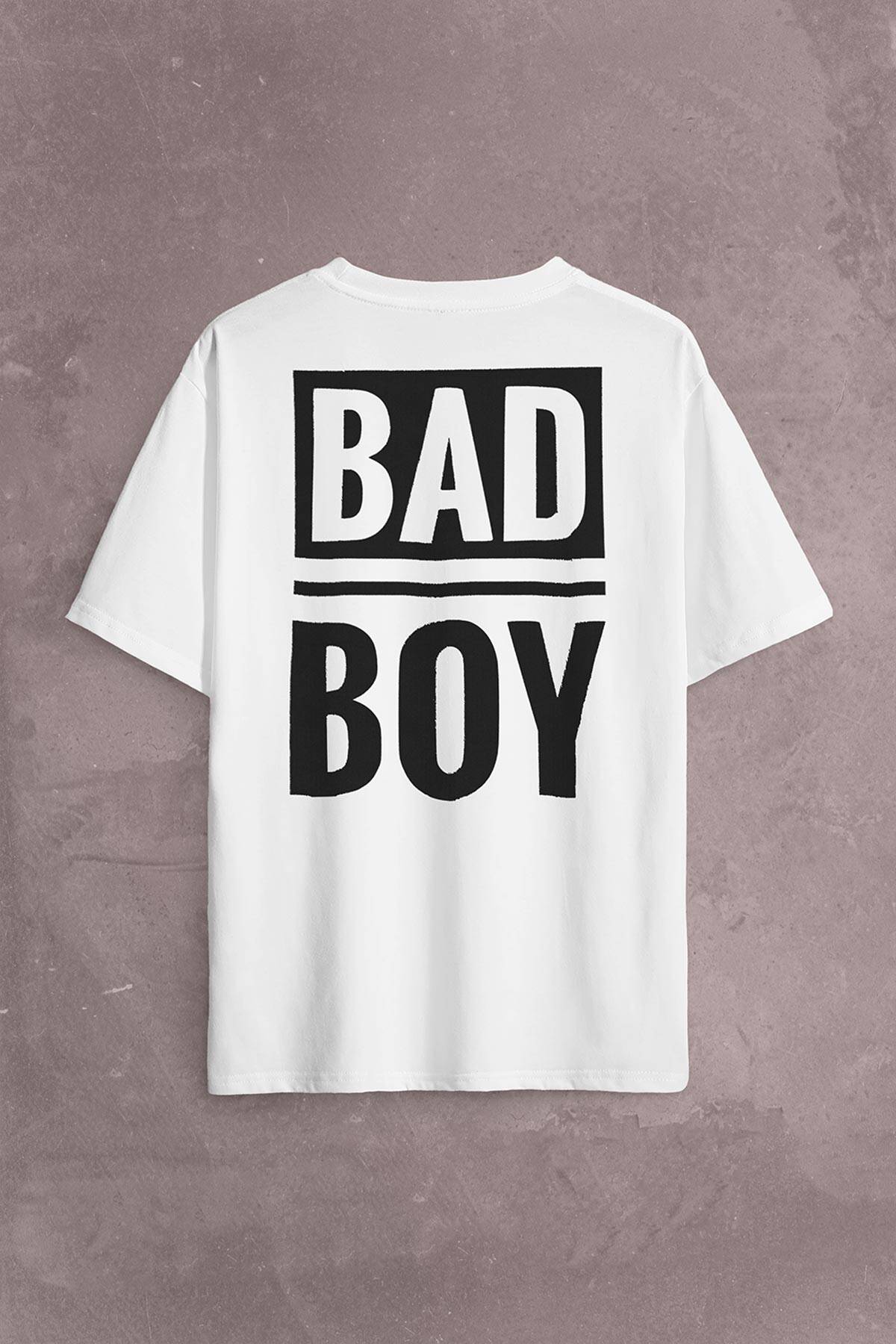 Bad Boy Badboy Kötü Haylaz Çocuk Sırt Ön Baskılı Beyaz Oversize Tişört Unisex