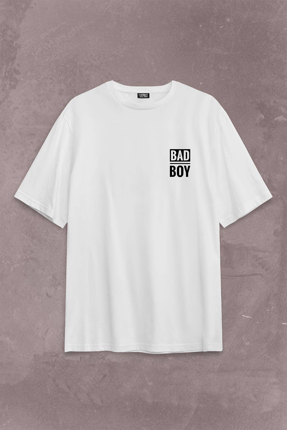 Bad Boy Badboy Kötü Haylaz Çocuk Sırt Ön Baskılı Beyaz Oversize Tişört Unisex (1)