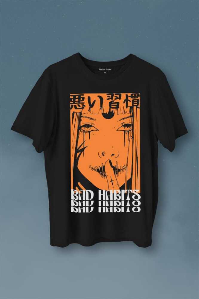 Bad Habits Japonca Kötü Alışkanlık Baskılı Siyah Tişört Unisex