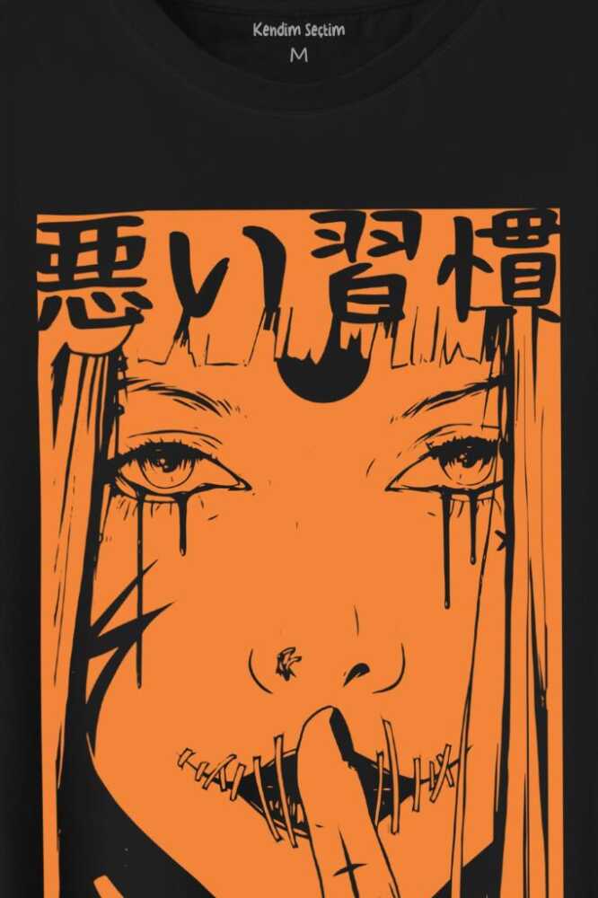 Bad Habits Japonca Kötü Alışkanlık Baskılı Siyah Tişört Unisex (1)