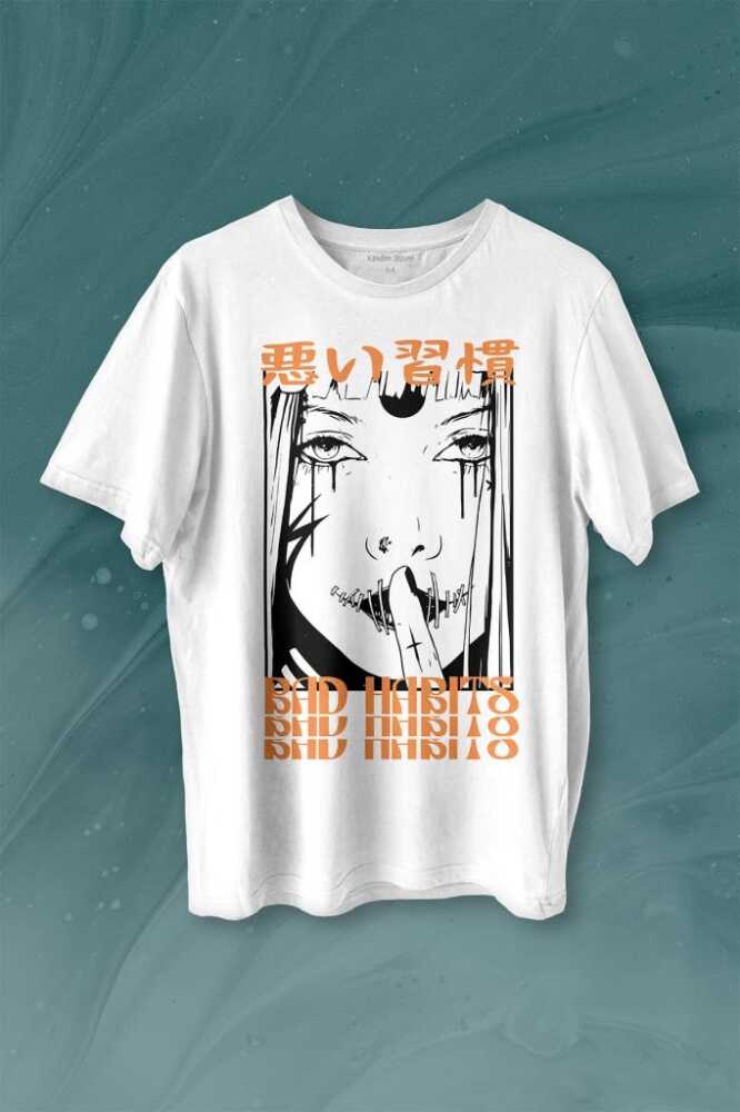 Bad Habits Japonca Kötü Alışkanlık Baskılı Beyaz Tişört Unisex