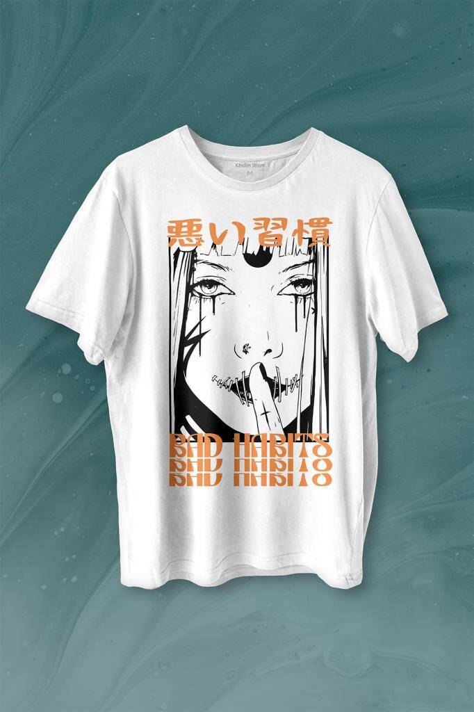 Bad Habits Japonca Kötü Alışkanlık Baskılı Beyaz Tişört Unisex