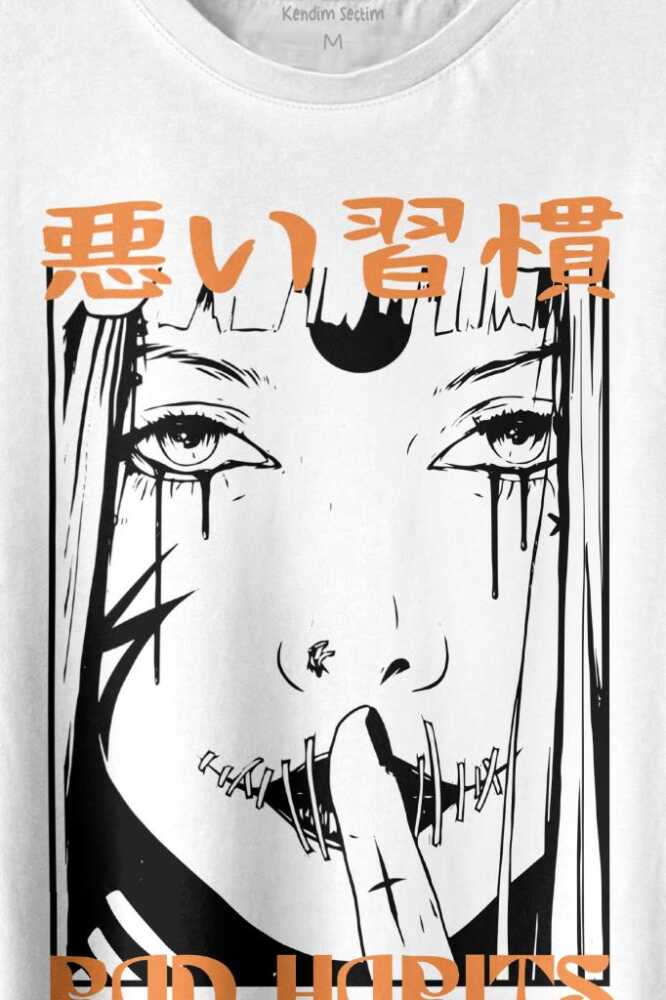Bad Habits Japonca Kötü Alışkanlık Baskılı Beyaz Tişört Unisex (1)