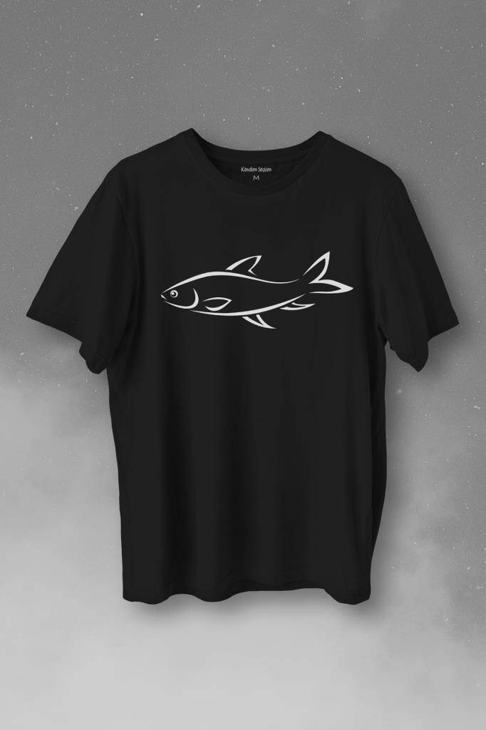 Balık Silueti Çizimi Fish Vector Baskılı Siyah Tişört Unisex