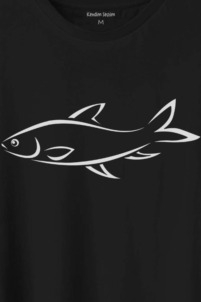Balık Silueti Çizimi Fish Vector Baskılı Siyah Tişört Unisex (1)