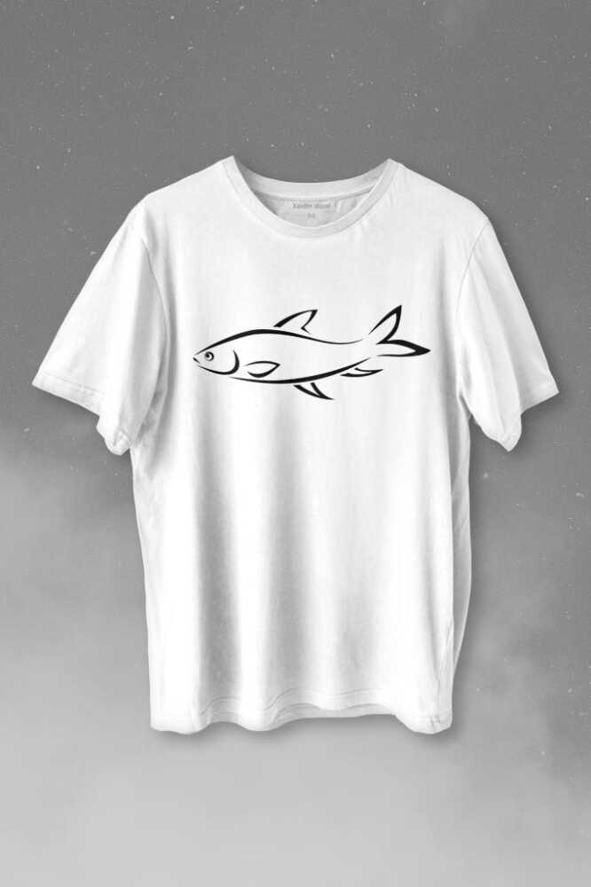 Balık Silueti Çizimi Fish Vector Baskılı Beyaz Tişört Unisex