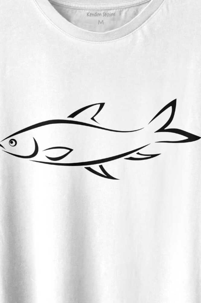 Balık Silueti Çizimi Fish Vector Baskılı Beyaz Tişört Unisex (1)