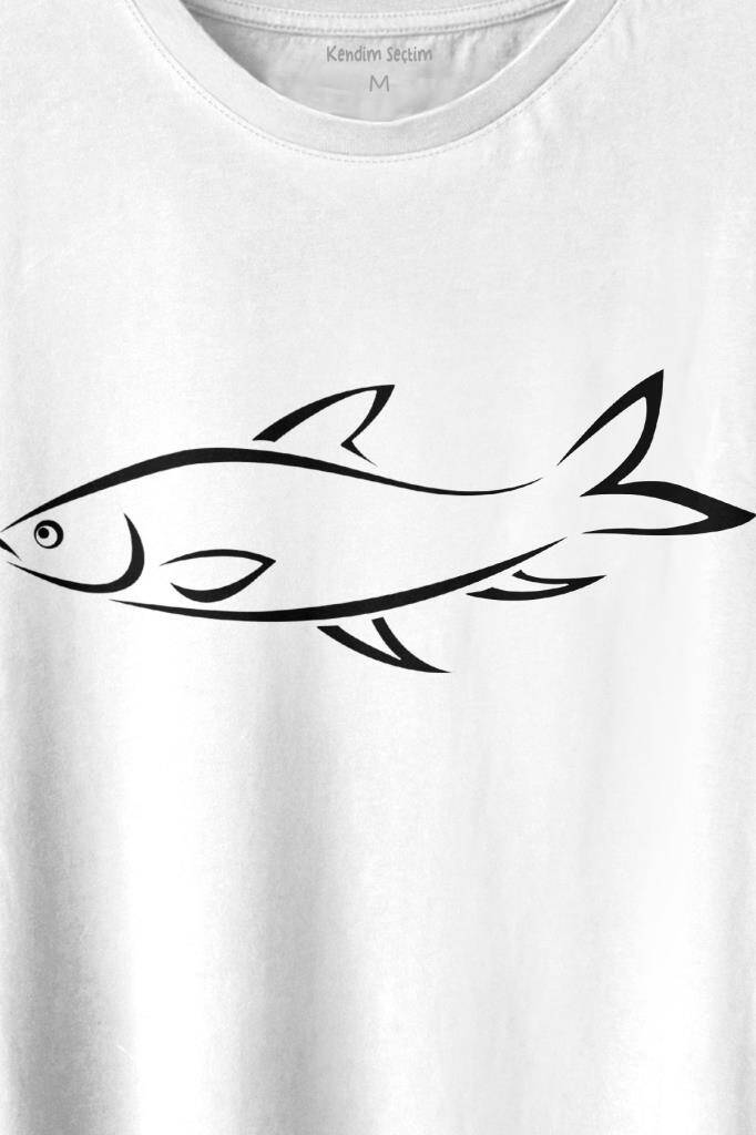 Balık Silueti Çizimi Fish Vector Baskılı Beyaz Tişört Unisex (1)