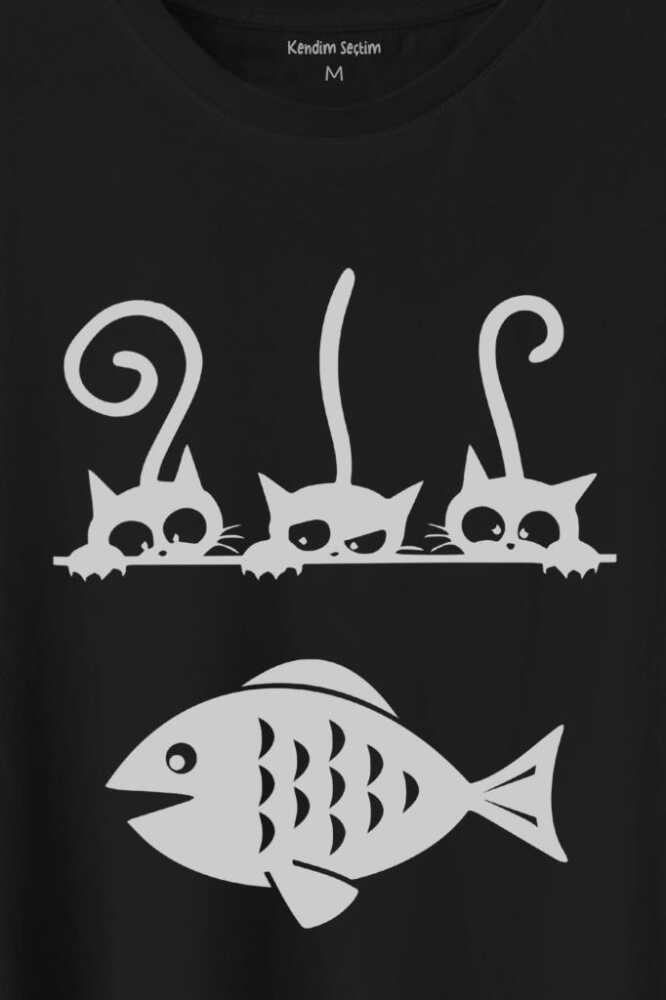 Balık Ve 3 Kedi Fish Cats Baskılı Siyah Tişört Unisex (1)