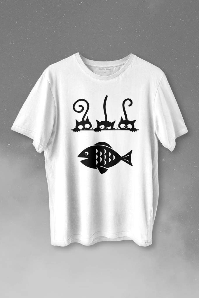 Balık Ve 3 Kedi Fish Cats Baskılı Beyaz Tişört Unisex