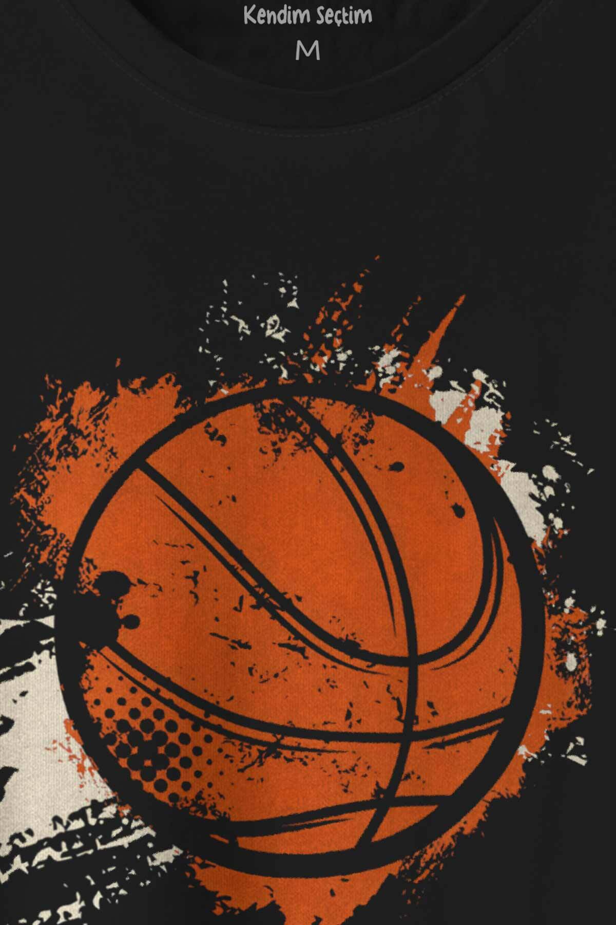 Basketball Vintage Grunge Retro Sprey Basket Topu Baskılı Siyah Tişört Unisex (1)