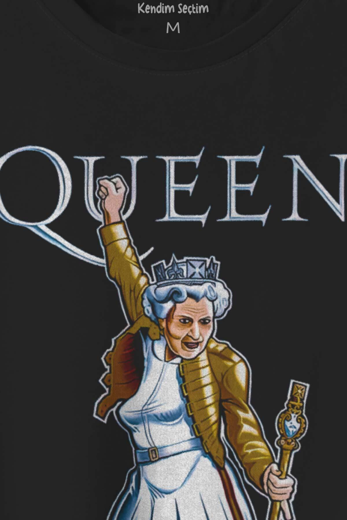 Baskılı Siyah T-shirt Queen Kraliçe Elizabeth The Crown Unisex Tişört (1)
