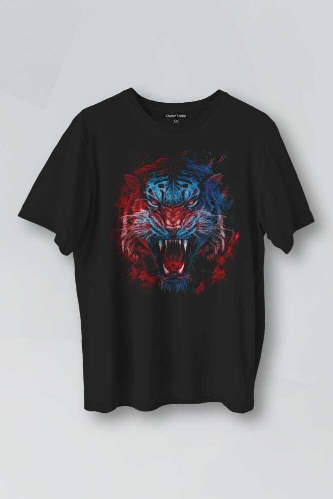Tiger Bordo Wild Life Mavi Kaplan Tasarım Baskılı Unisex Tişört