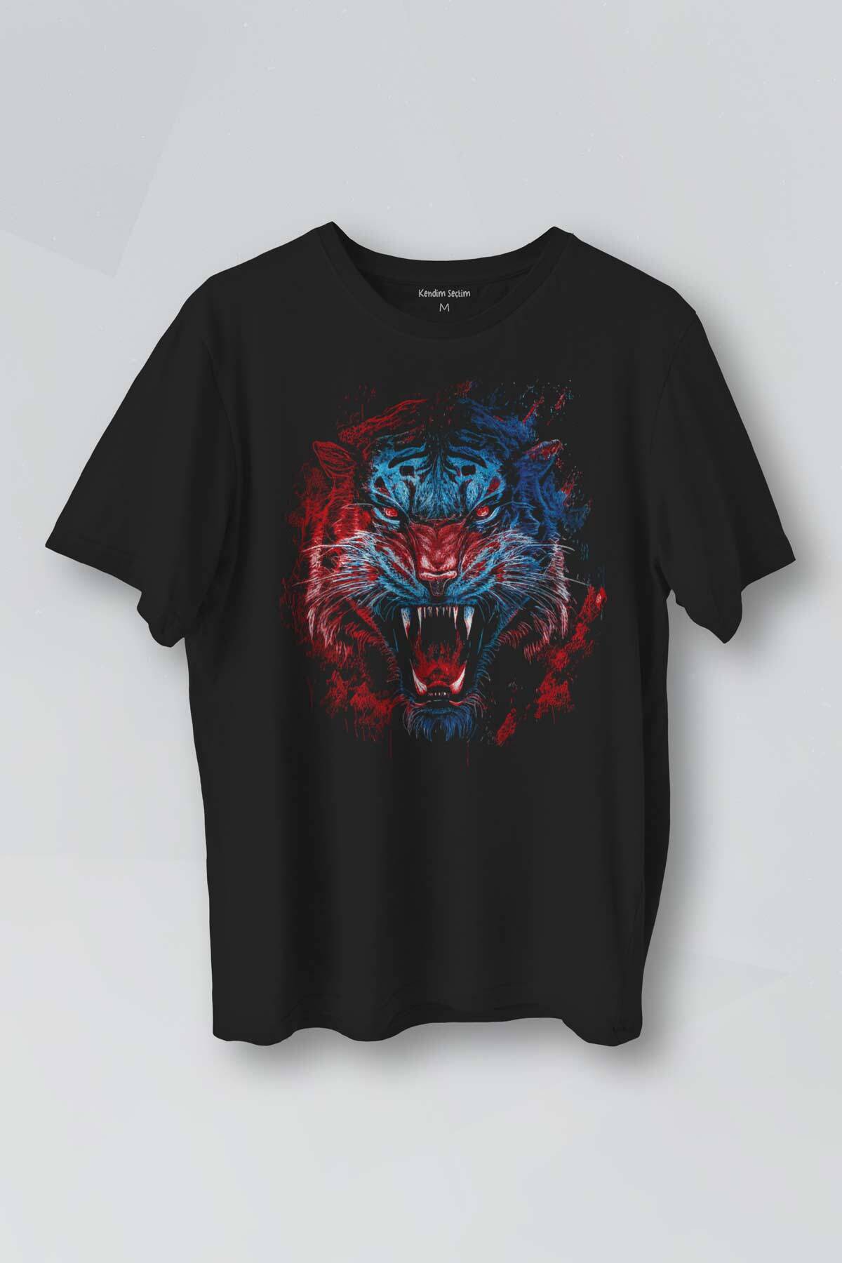 Tiger Bordo Wild Life Mavi Kaplan Tasarım Baskılı Unisex Tişört