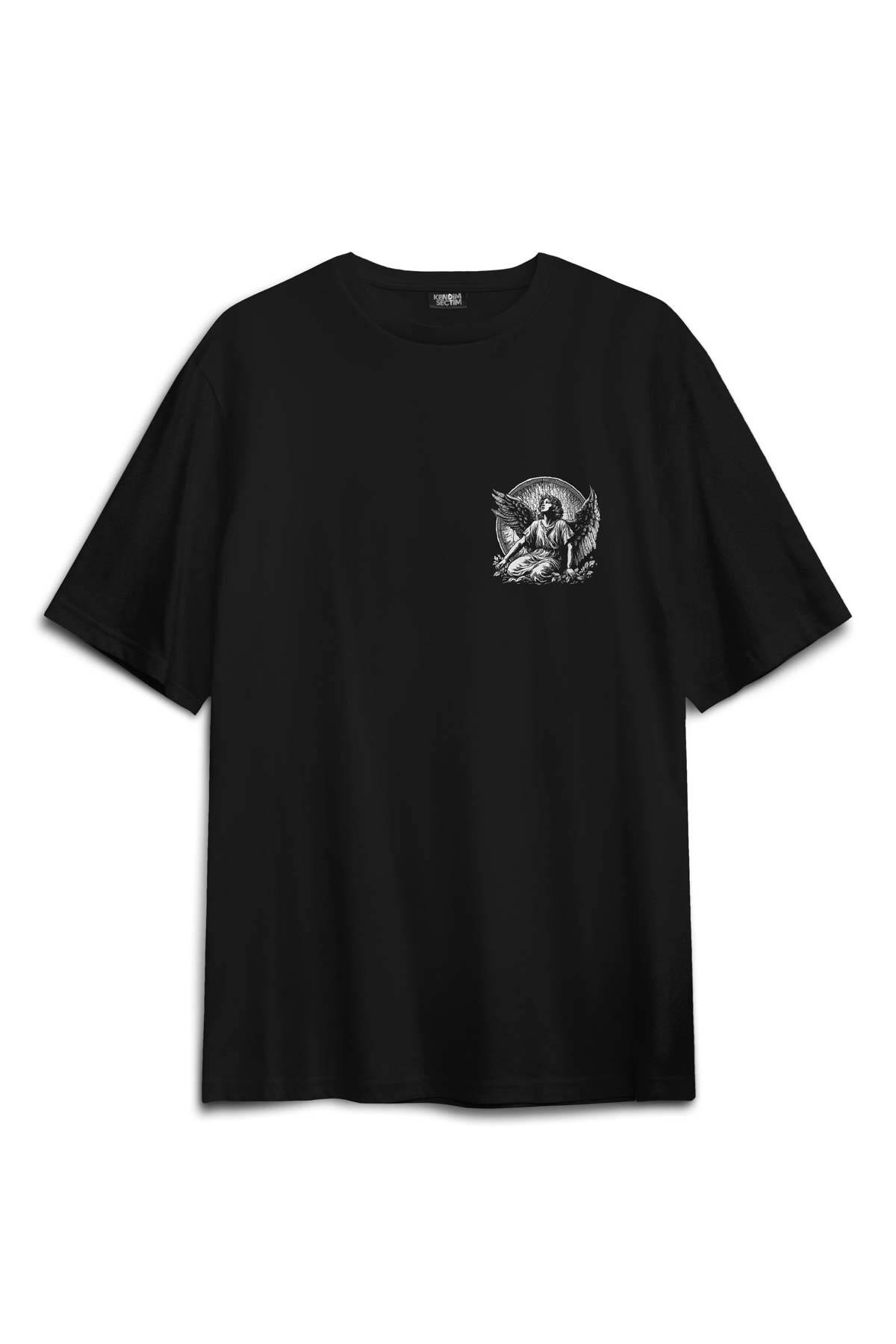 Saint Gothic Kutsal Melek Angel Baskılı Siyah Unisex Oversize Tişört